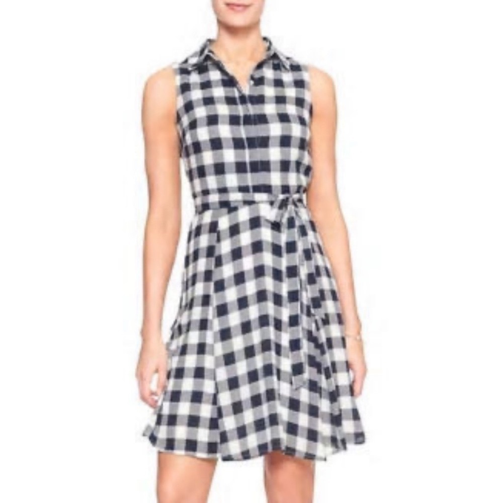 Banana Republic Gingham Plaid Shirtdress Navy Blue Gray White Dress 8 - Picture 11 of 12